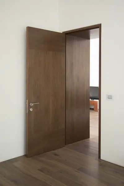 Puerta interior de estilo minimalista en madera oscura, con diseño liso y una estética elegante en una habitación moderna.
