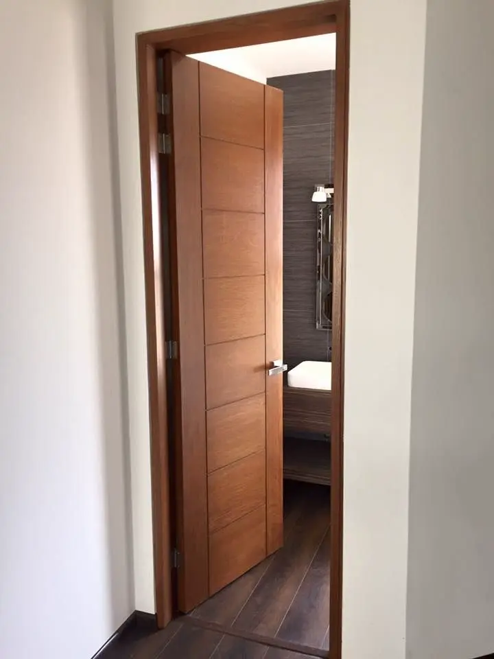 Puerta interior de madera con paneles horizontales, ubicada en una entrada de baño moderno con acabado oscuro.