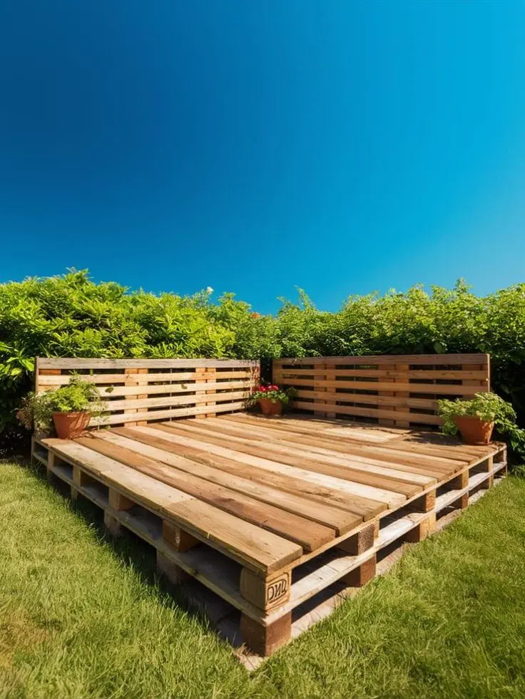 Deck de madera fabricado con pallets reciclados, ubicado en un jardín rodeado de plantas y césped.