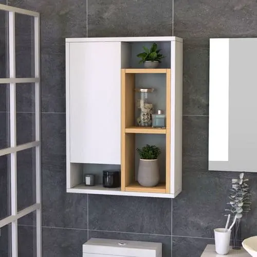Armario moderno con detalles de madera en un baño elegante, con estantes abiertos y puertas para almacenamiento de artículos de baño