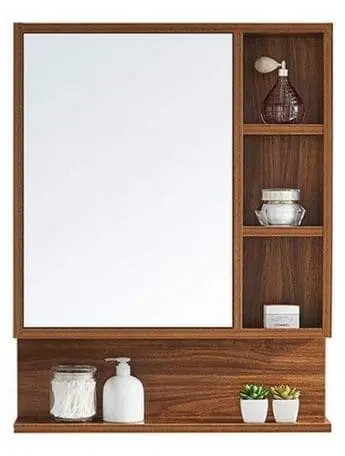 Espejo de baño con estantes de madera integrados, perfecto para combinar funcionalidad y decoración en espacios pequeños