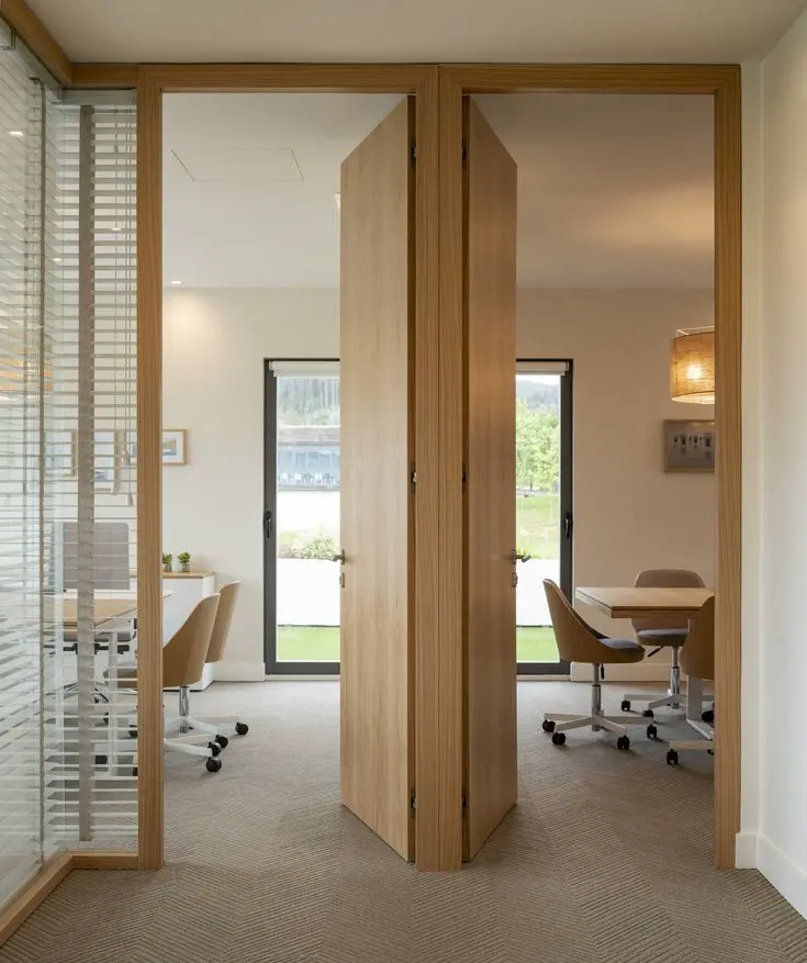 Puertas dobles de madera que dividen espacios en una oficina contemporánea con salas de reuniones y diseño funcional.
